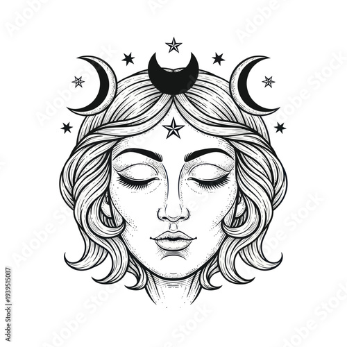 Mystical Woman Face with Crescent Moons and Stars, Esoteric Symbolism