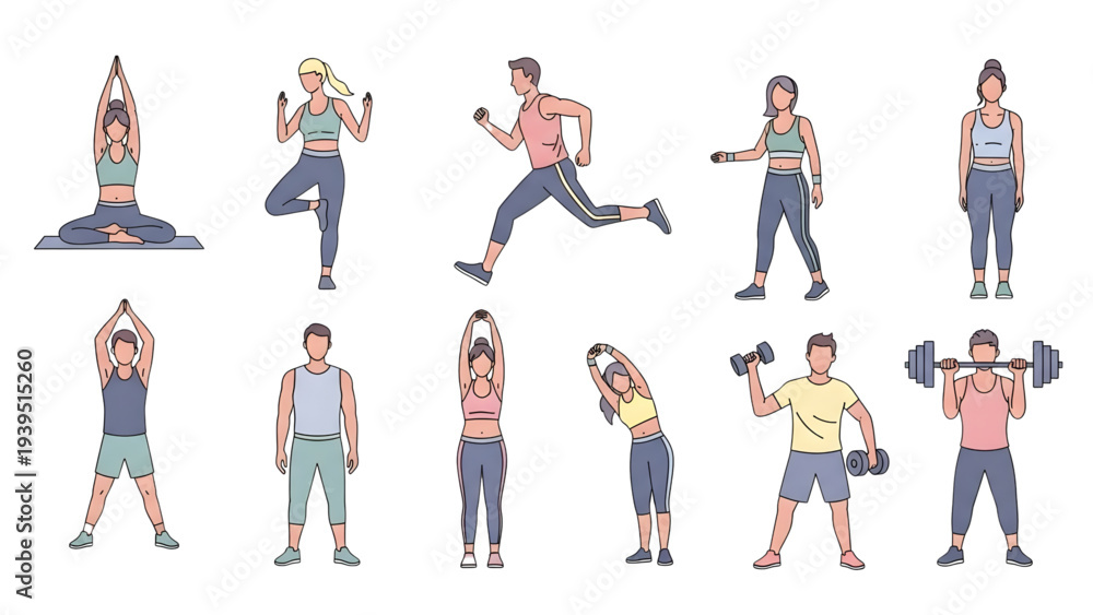 Obraz premium People Performing Fitness and Yoga Exercises Set – Healthy Lifestyle and Home Workout Activities, Transparent SVG Illustration