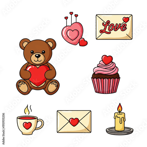 Vector flat design illustration of cute Valentine's Day icons including a teddy bear, cupcake, and love symbols in a sweet and playful style.