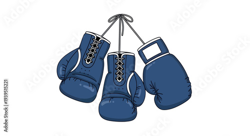 Three Blue Boxing Gloves Hanging Together on Strings