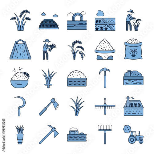 A collection of blue and white line icons depicting various aspects of agriculture, including rice farming, tools, and farmers at work.