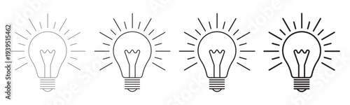 Collection of Four Vector Glowing Light Bulb Outline Icons with Increasing Line Weight Representing Creativity, Ideas, and Innovation.