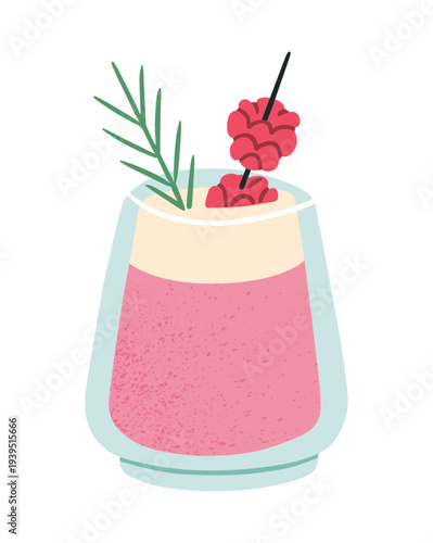 Poster with a cocktail garnished with raspberries and a sprig of rosemary. Vector illustration. For bar menu design, party invitations, summer drink advertisements, cocktail recipe and lifestyle blogs