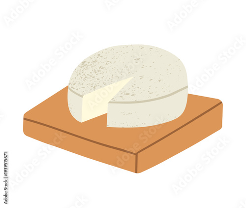Vector illustration of Brie cheese on a wooden cutting board. Perfect for cheese shop branding, wine tasting menus or gourmet food blog designs. White-mold cheese