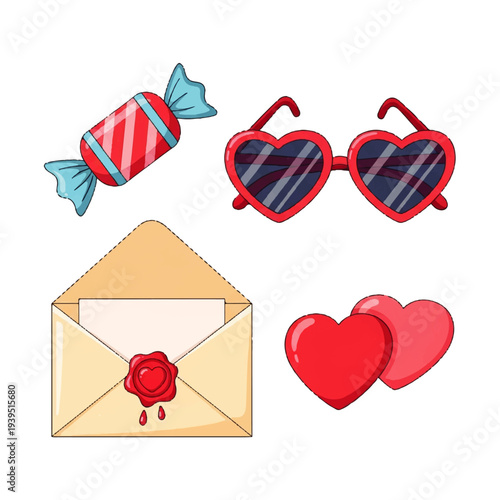 Vector flat design illustration of a sweetheart gift set with heart-shaped sunglasses, candy, envelope, and hearts on a white background.