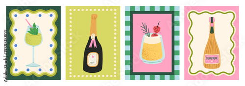 Collection of colorful posters with cocktails and champagne. Vector illustration. Ready postcard or invitation design. Also can be used for promotion, menu and lifestyle blogs design.