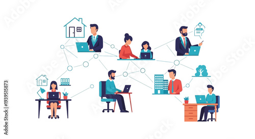 Remote Work Network. Global Distributed Team Collaboration & Hybrid Workforce Connectivity Illustration.