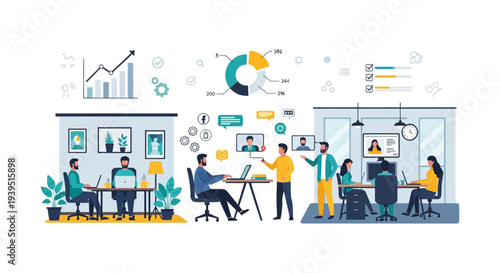 Modern Business Strategy & Collaboration. Digital Transformation, Data Analytics, Teamwork, Hybrid Work, Online Meetings, and Remote Productivity. Vector Illustration.
