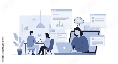 Overwhelmed Professional Struggling with Digital Work, Data Overload, and Workplace Stress Illustration