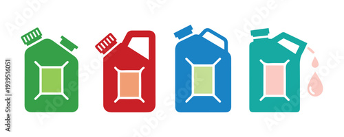 A vibrant canister displaying various design icons. It has a drop of fuel. This is a vector design concept related to the oil industry, shown in an outline style pictogram.

