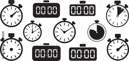 Timers icon set on transparent background. Stopwatch symbol silhouette icon set