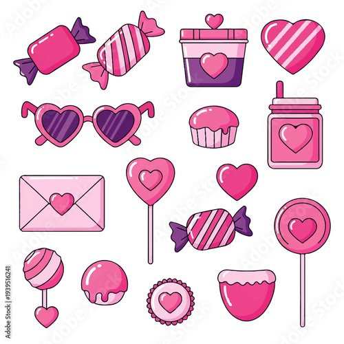Vector flat design illustration of pink and purple candies, sweets, and heart-shaped objects on a white background.