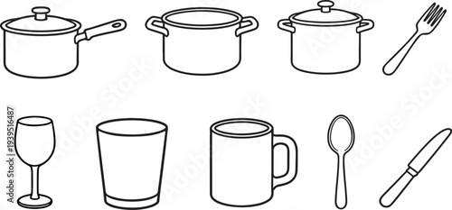 Line drawing of various kitchenware items including pots pans and utensils