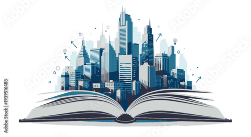 Cityscape Emerging From Open Book, Symbolizing Knowledge and Urban Development