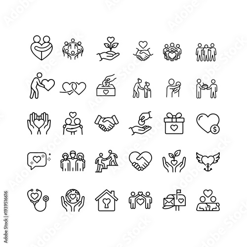Charity, donation, volunteering, and community support line icon set. Vector symbols of care, empathy, healthcare, and social work