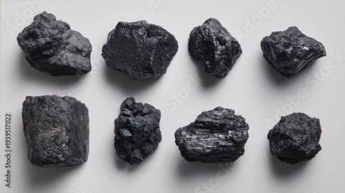 top view collection of different coal types arranged in clean grid pattern on light grey background, anthracite coal, bituminous coal, lignite coal