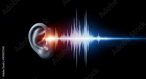 Hearing health and digital audio frequency. Sound therapy and auditory sensory technology. Human ear profile with a glowing colorful sound wave representing music and hearing
