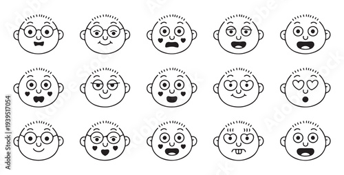 Cute child face set. outline kid expressions. various boy emotions. isolated character head