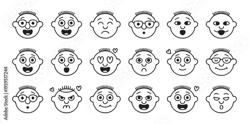 Set of funny cartoon faces with different emotions icons isolated on white background vector illustration