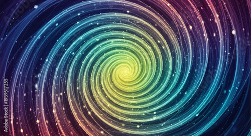 Colorful Spiral Galaxy with Bright Center and Starry Background.