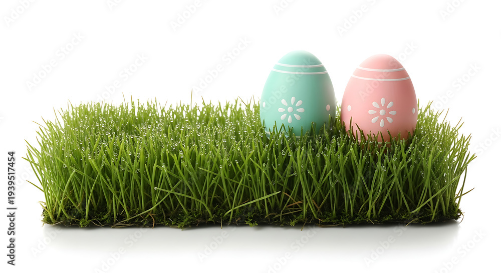 Fototapeta premium Easter eggs on grass with pastel colors and snowflake designs