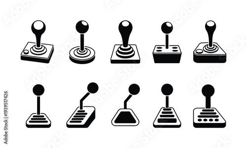 Car Gear Shift Stick Transmission Lever Icons Set Silhouette, vector illustration collection featuring manual transmission gear selectors, automotive control symbols, and vehicle dashboard elements 