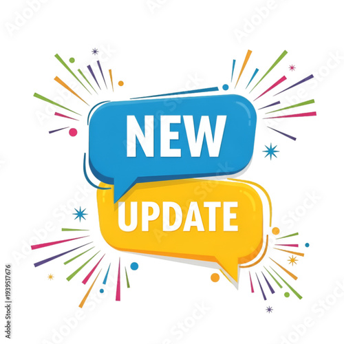 Colorful vector graphic illustration of speech bubbles announcing new update news with vibrant colors and dynamic design elements.