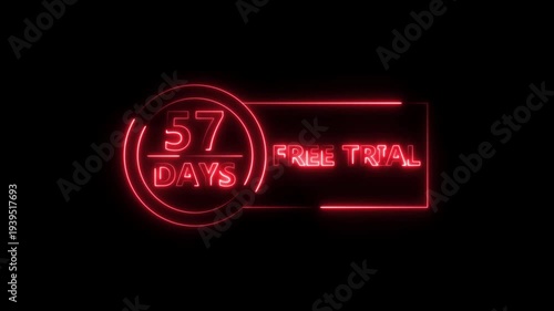 Neon bright 57 Days Free Trial Banner icon circle frame red color animation. Business nice products 57 days free trial offer video. 