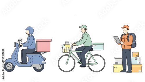 Delivery Workers Using Scooter and Bicycle – Courier, Food Delivery and Logistics Service Concept, Transparent SVG Illustration