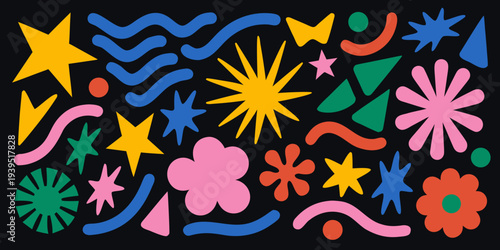 Colorful abstract shapes and patterns arranged against a dark background