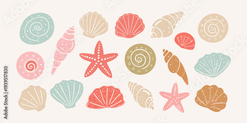 Collection of colorful stylized seashells and starfish on a beige background