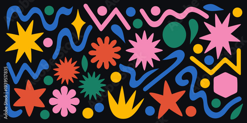 Colorful abstract shapes and forms arranged on a black background