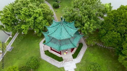 Aerial View of Turquoise Roofed Chinese Pavilion in Lakeside Gardens