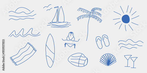 Summer beach element set in doodle stile. Vacation tropical pack for web design. Vector illustration
