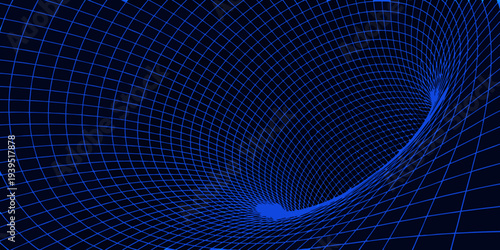 A swirling vortex of blue grid lines creates a digital tunnel effect