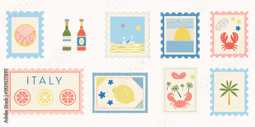 Collection of illustrated postage stamps with summery and travel themes