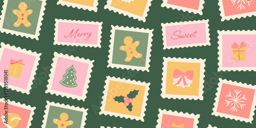 Festive christmas stamps with gingerbread men gifts and holiday greetings