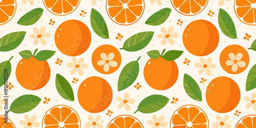 A vibrant pattern of oranges leaves and delicate white flowers