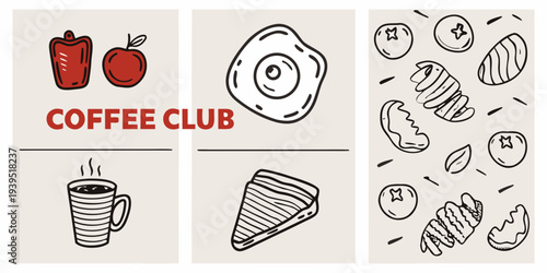 Coffee club themed doodle illustrations with food and beverage elements