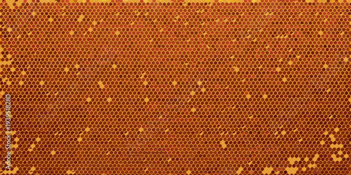 Close up view of a golden honeycomb structure filled with honey