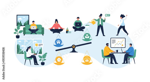 Achieving Work-Life Balance: Productivity, Well-being, Remote Work, and Mental Health Concept Illustration