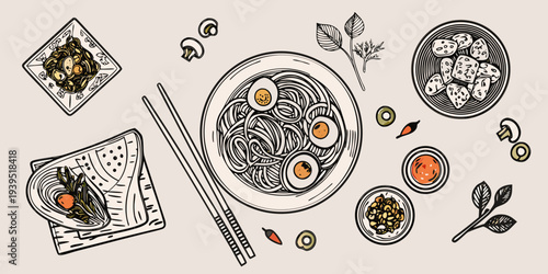 An overhead view of various japanese and asian food illustrations