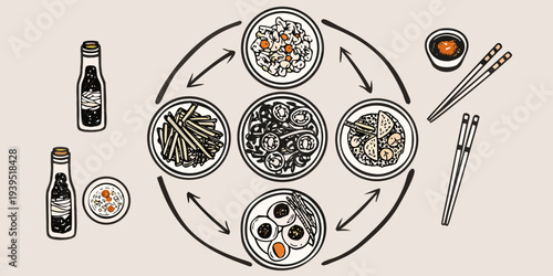 A colorful illustration depicting a variety of asian cuisine dishes