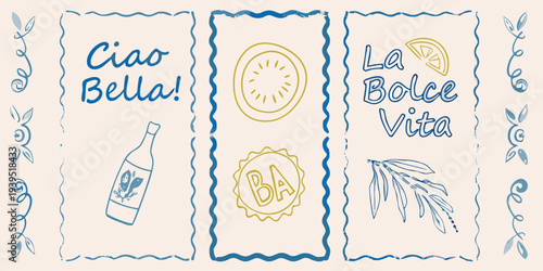 Italian phrases and illustrations arranged in three framed panels