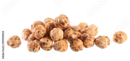 Roasted chickpea isolated on white background. Handful of crunchy roasted chickpeas snack. Clipping path.