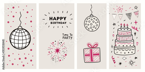 Four illustrated birthday panels with decorations and celebratory elements