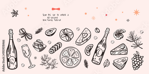 Stylized illustration of wine cheese and fruit with floral accents