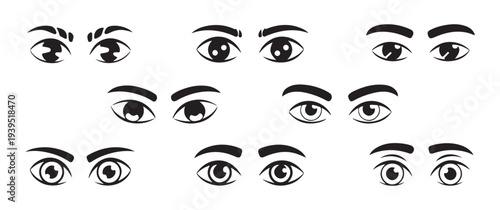 Different styles of hand drawn human eyes with thick eyebrows set isolated on white background art vector