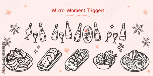 Hand drawn illustration of food and drinks with micro moment triggers text
