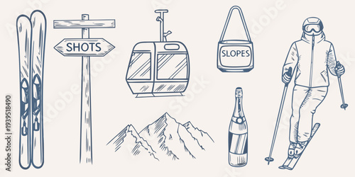 Sketch of skiing equipment mountains and a skier in blue tones